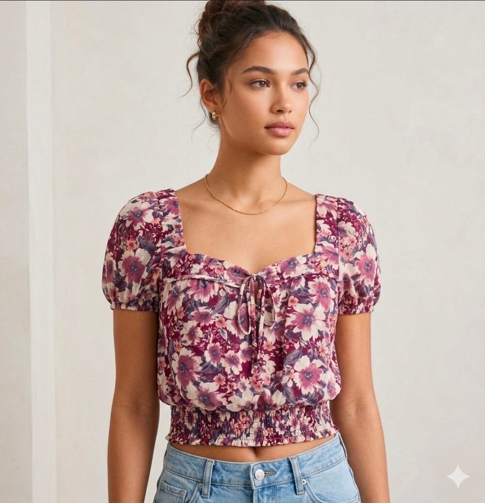 NwT A Byer Floral Puff Sleeve Smocked Hem Blouse small